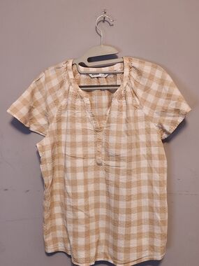 Sonoma Beige & White Plaid Short-Sleeve Tunic